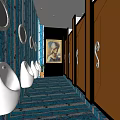 Public Restroom Interior With Blue Mosaic Tiles Urinals Stalls And Decorative Painting