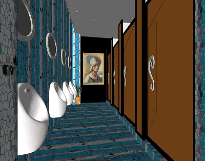 Public Restroom Interior With Blue Mosaic Tiles Urinals Stalls And Decorative Painting 3d model