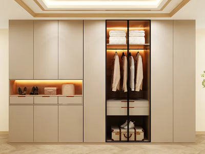 Modern Wardrobe Interior Design with Glass Doors Hanging Clothes Storage Boxes Drawers and Lighting 3d model
