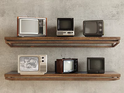 Vintage Televisions Displayed On Two Wooden Shelves Against Gray Wall 3d model