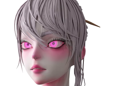 Anime Style Female Head Featuring Pink Eyes With Blush Makeup And Elegant Look 3d model