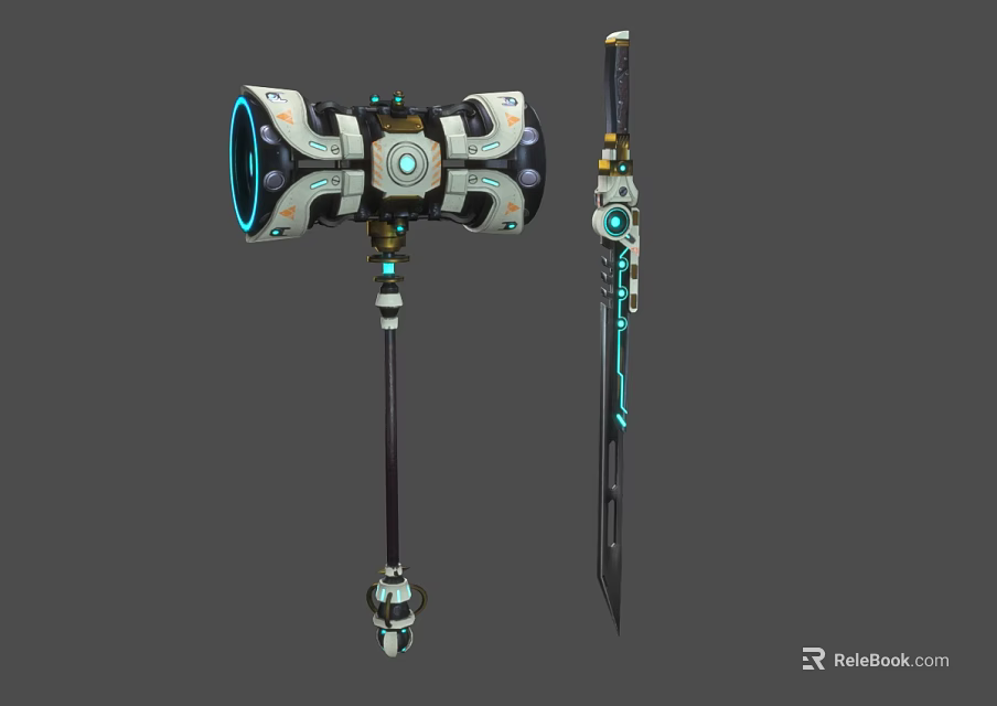 Futuristic Weapons Design With Mechanical Hammer Sword And Blue Glowing Accents 3d model 