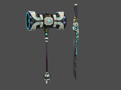 Futuristic Weapons Design With Mechanical Hammer Sword And Blue Glowing Accents 3d model