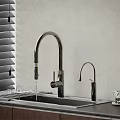 Modern Kitchen Sink With Two Chrome Faucets On Countertop And Window Blinds 3d model