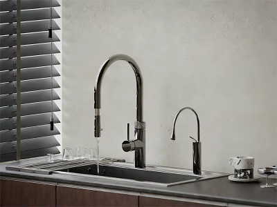 Modern Kitchen Sink With Two Chrome Faucets On Countertop And Window Blinds 3d model