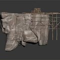 Rustic Natural Rock Structure With Wooden Scaffolding Platform And Construction Elements