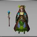 Elven Mage Character in Green Robe with Floral Headband Staff and Magical Blue Creature Companion
