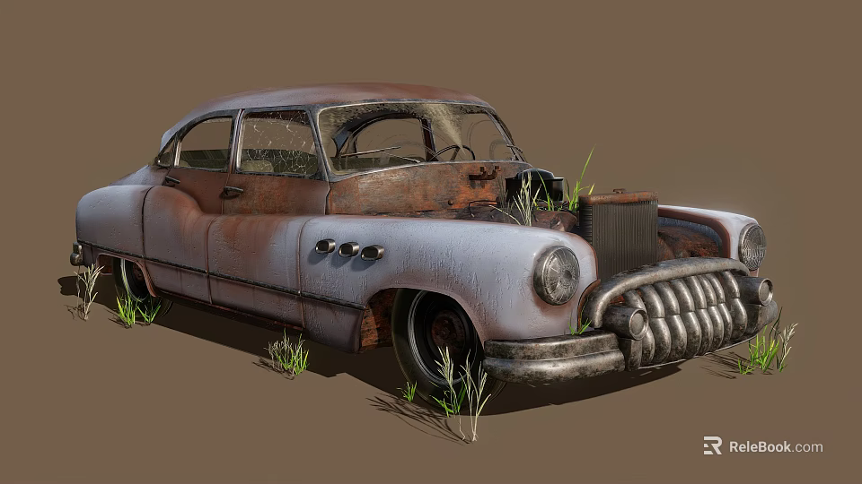 Rusty Old Car With Grass Growing Around In Open Space 3d model