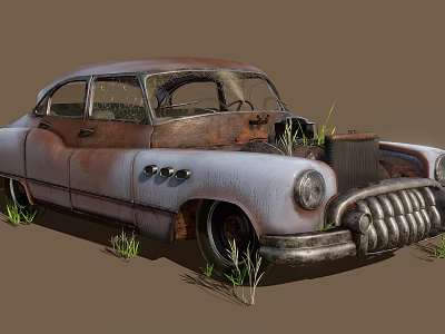 Rusty Old Car With Grass Growing Around In Open Space 3d model