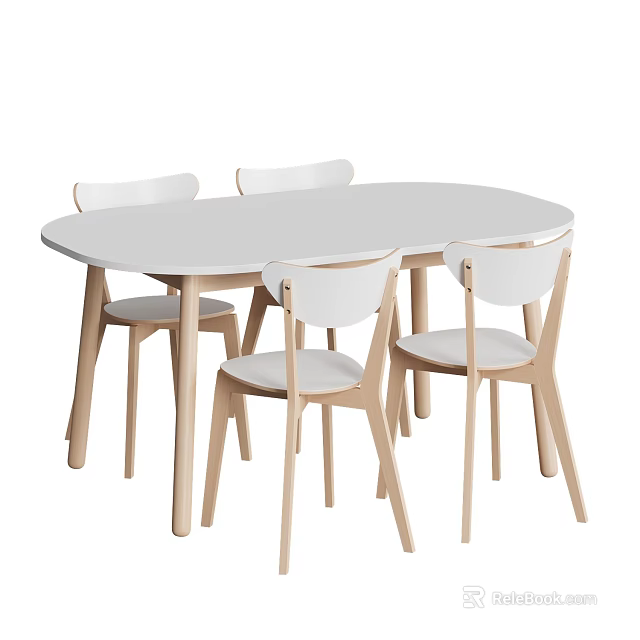 Minimalist Oval Dining Table Set With White Tabletop And Light Wood Legs 3d model