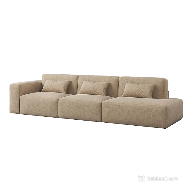 Modern Beige Fabric Three Seater Sofa With Comfortable Cushions And Minimalist Design 3d model 