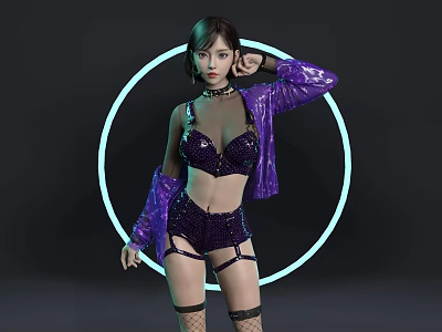Woman In Purple Sequined Lingerie With Jacket And Black Fishnet Stockings By Glowing Ring 3d model