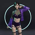 Woman In Purple Sequined Lingerie With Jacket And Black Fishnet Stockings By Glowing Ring