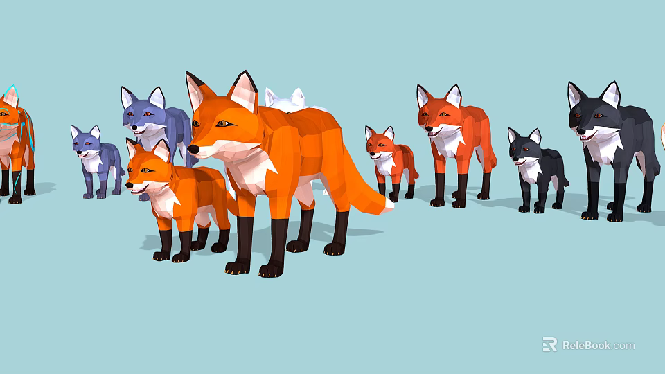 Colorful Cartoon Foxes In Group With Orange Blue Black Fur On Light Blue Background 3d model 