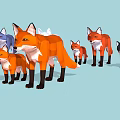 Colorful Cartoon Foxes In Group With Orange Blue Black Fur On Light Blue Background
