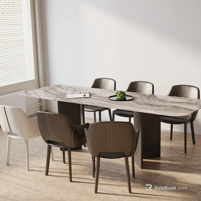 Modern Dining Table Set With Marble Top Brown and White Chairs and Potted Plant 3d model 