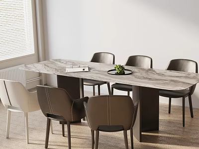 Modern Dining Table Set With Marble Top Brown and White Chairs and Potted Plant 3d model