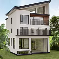 Modern Detached Villa With White Exterior Large Windows Balcony Garage And Green Surroundings