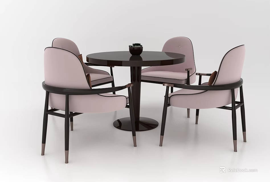 Round Dark Wood Dining Table Set With Four Light Pink Upholstered Chairs 3d model