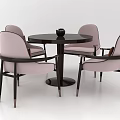 Round Dark Wood Dining Table Set With Four Light Pink Upholstered Chairs 3d model