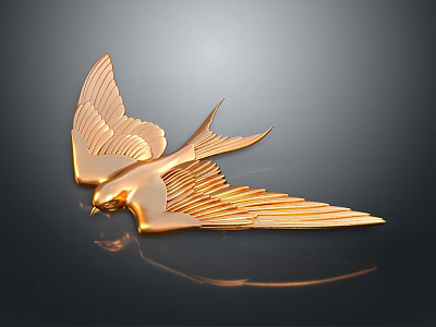 Golden Flying Bird Sculpture With Detailed Feathered Wings And Reflection On Dark Background 3d model