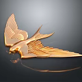 Golden Flying Bird Sculpture With Detailed Feathered Wings And Reflection On Dark Background