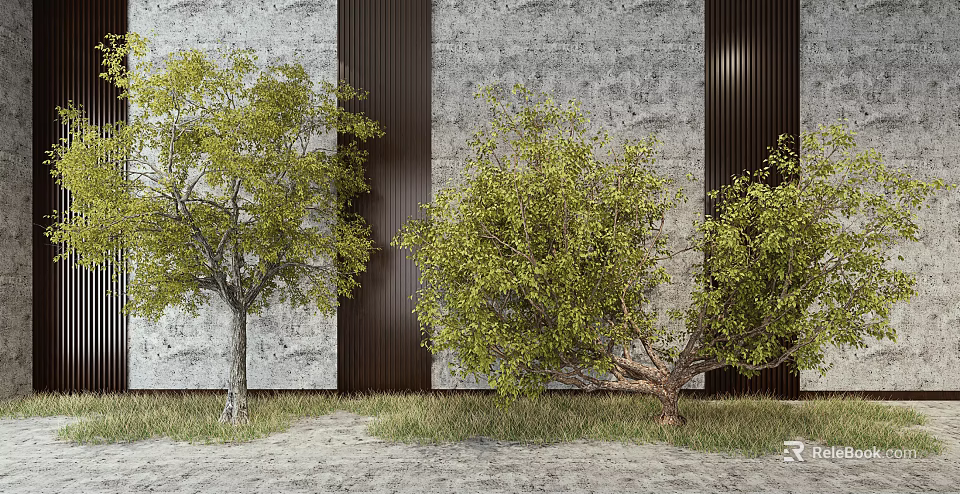 Arbor in Front of Gray Wall with Dark Vertical Strips and Grass on Sandy Ground 3d model 