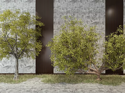 Arbor in Front of Gray Wall with Dark Vertical Strips and Grass on Sandy Ground 3d model
