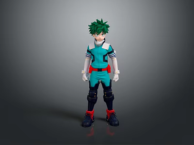Anime Hero Character With Green Hair And Creature Inspired Costume Design Elements 3d model