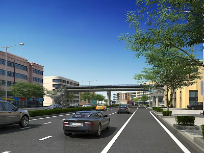 Urban Road Infrastructure Featuring Overpass Street Lamps Vehicles And Green Trees 3d model
