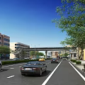 Urban Road Infrastructure Featuring Overpass Street Lamps Vehicles And Green Trees