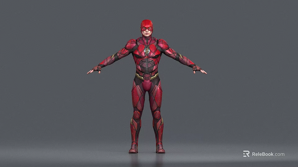 The Flash Game Character In Red Suit With Yellow Lightning Symbol Standing Pose 3d model 