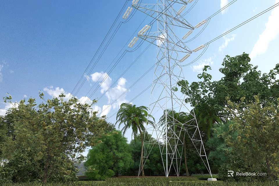 Road Infrastructure Featuring Electricity Pylon Power Lines and Green Trees Under Blue Sky 3d model 