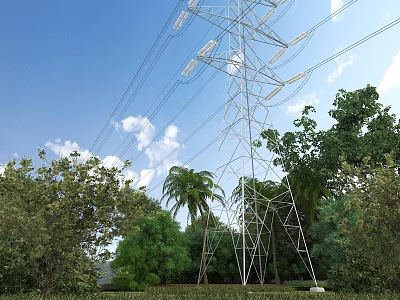 Road Infrastructure Featuring Electricity Pylon Power Lines and Green Trees Under Blue Sky 3d model