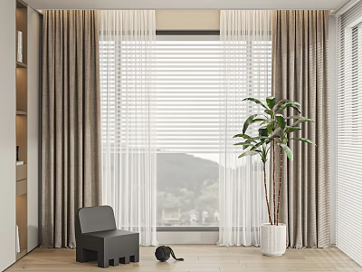 Beige Thick Curtains And White Sheer Curtains With Window Blinds Green Plant Mountain View Interior 3d model