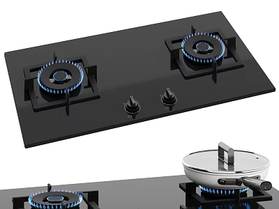 Modern Gas Stove with Two Burners Black Glass Panel Kitchen Appliance 3d model