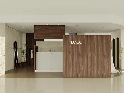 Modern Clothing Store Interior With Wooden Reception Desk Logo Mirror And Plant 3d model