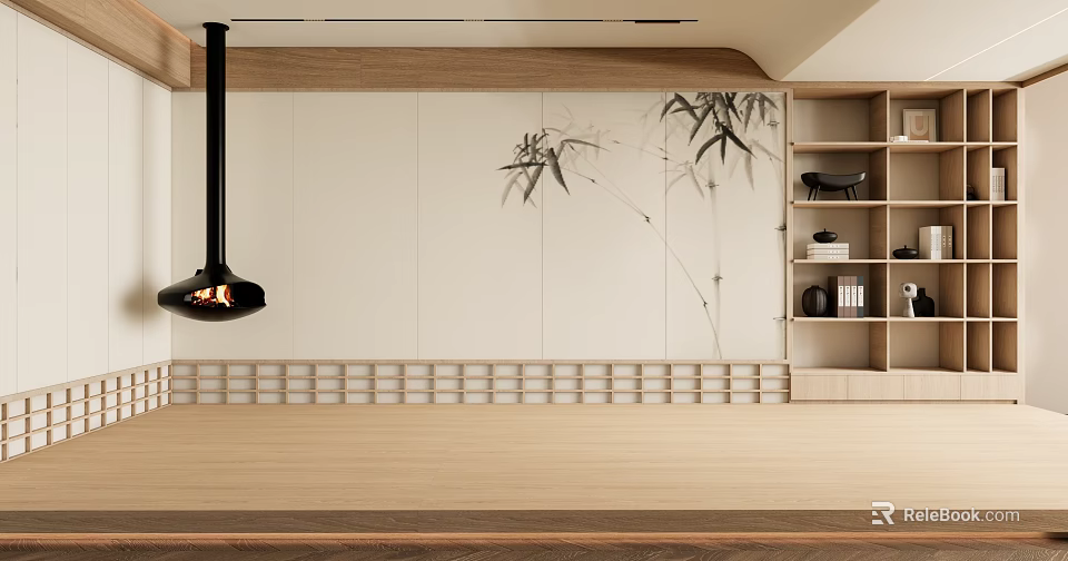 Japanese Style Wooden Bookshelf With Black Shelves And Books In Minimalist Interior 3d model 