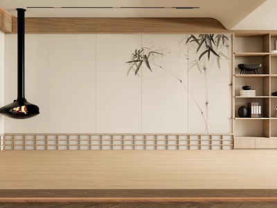 Japanese Style Wooden Bookshelf With Black Shelves And Books In Minimalist Interior 3d model