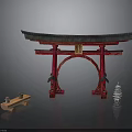 Traditional Japanese Red Torii Gate Decorative Scene With Wooden Bench And Pagoda Model