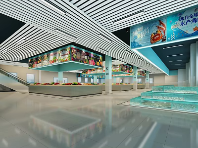 Spacious Bright Supermarket Interior With Fresh Fruits Vegetables Seafood Shelves Posters Lighting And Shiny Floor 3d model