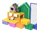 Colorful Photo Check-in Spot Featuring House Shaped Structure Playful Dog And Vibrant Blocks