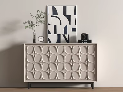Entryway Console Cabinet With Circular Pattern Design And Potted Plant Clock Art Print Camera Book 3d model