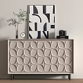 Entryway Console Cabinet With Circular Pattern Design And Potted Plant Clock Art Print Camera Book