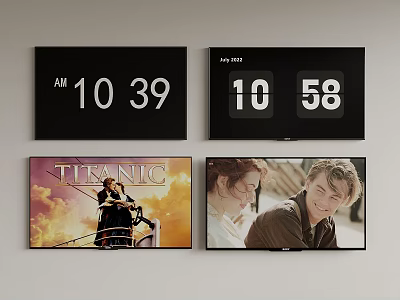 Television Screens Displaying AM Time Date Titanic Movie Poster And People 3d model