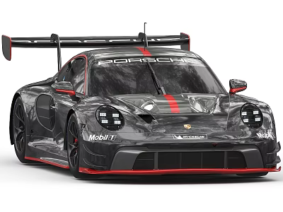 Black Porsche Race Car With Red Stripes Large Rear Wing And Michelin Tires 3d model