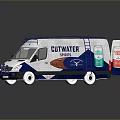 White and Blue Cutwater Spirits Delivery Van with Roof Rack and Beverage Cans Design
