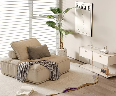 Single Beige Sofa With Gray Cushion Blanket Side Table Plant Blinds And Vogue Wall Art 3d model