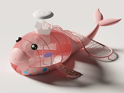 Pink Whale Shaped Playground Equipment With Net Structure And Blue Dots For Kids Fun 3d model