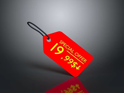 Red Special Offer Price Tag With Black String On Gray Background And Reflection 3d model